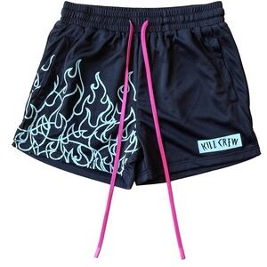 Kill Crew Muay Thai black teal flame shorts pink drawstring Sz S